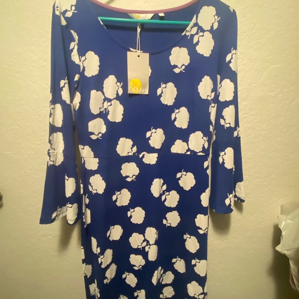 Boden Blue Floral Print Dress with Bell Sleeves